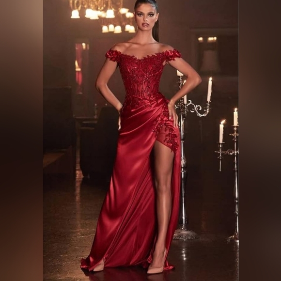 Off The Shoulder Lace Adorned Bodice Evening Dress - Picture 1 of 9